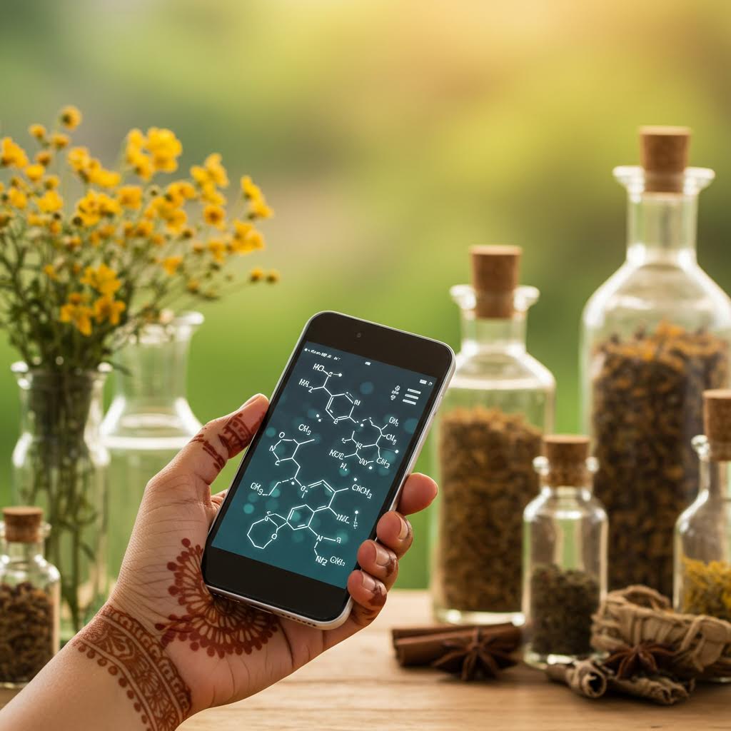 약초 병들 사이로 스마트폰 화면에 화학 구조식이 빛나며 온카스터디를 연상시키는 세밀한 검토의 순간