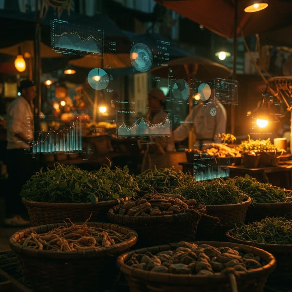 전통 시장의 약초와 한약재가 담긴 바구니 위에 투명하게 떠 있는 디지털 데이터 차트, 그래프, 원형 도표들이 오버레이된 미래형 스마트 시장 개념 이미지, 따뜻한 조명의 야간 시장 분위기