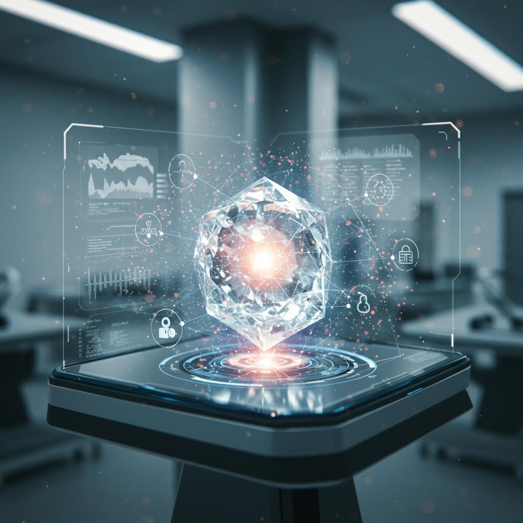 온카스터디 AI 분석 엔진이 투명한 데이터 큐브를 통해 신뢰성 있는 정보를 시각화하는 모습