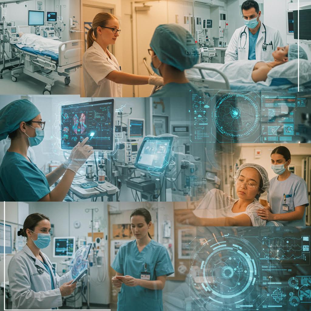 의료진이 첨단 모니터와 데이터 시스템을 활용해 환자를 돌보는 병원 현장