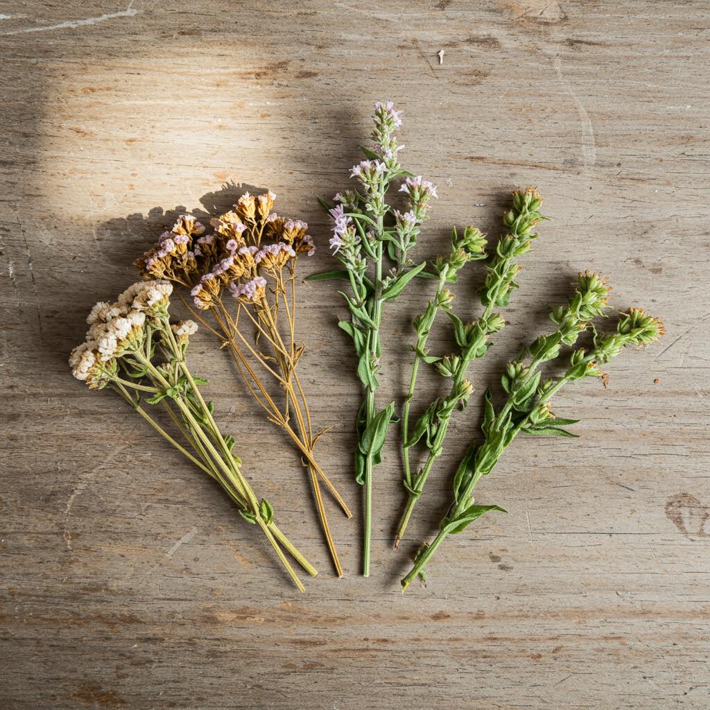 나무 질감의 배경 위에 말린 약초 다발이 가지런히 놓여 있는 장면으로, 전통 의학의 자연 치유 개념을 떠올리게 하는 구도