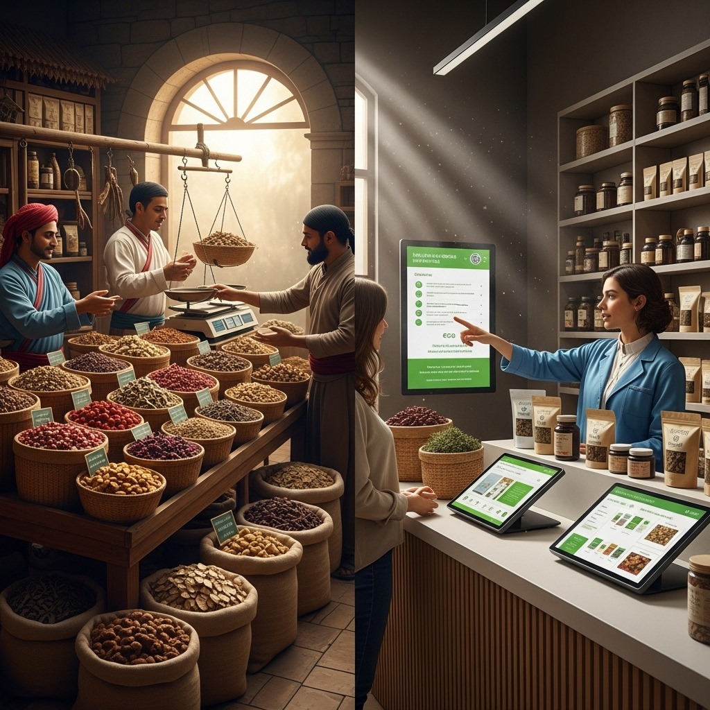 전통 시장의 따스한 빛 속에서 디지털 인증 화면이 함께 놓이며, 온카스터디의 신뢰 가치가 아날로그와 기술 사이를 잇는 순간