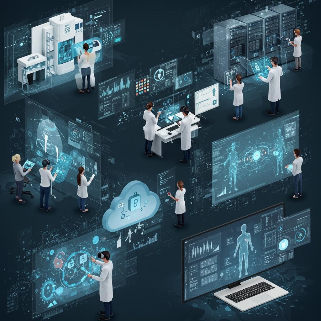 온카스터디 의료 연구팀이 홀로그램 대시보드와 클라우드 데이터로 협업하는 미래형 실험실.