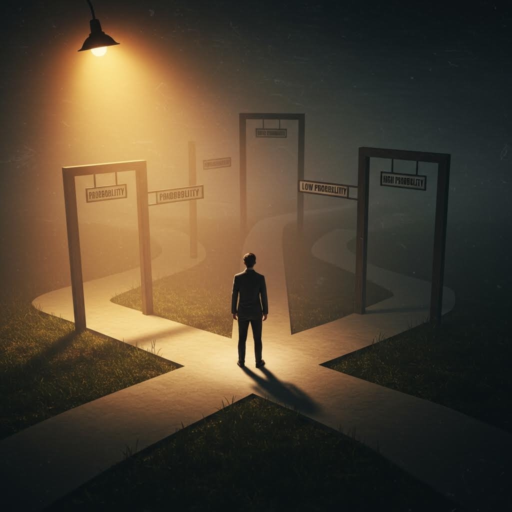 확률 선택의 갈림길 - 여러 문 앞에 서 있는 남성 실루엣, 도박에서의 확률 판단과 의사결정 개념을 표현한 아트워크