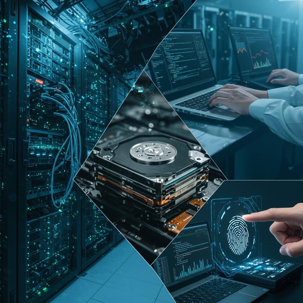 온카스터디 데이터센터와 생체인증, 하드디스크, 코딩 화면을 콜라주로 표현한 보안 인프라.