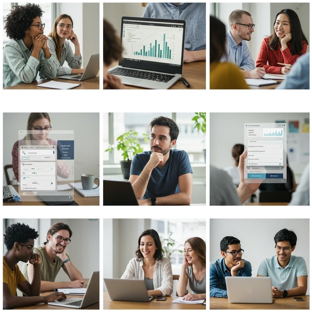 온카스터디 협업 장면 콜라주: 노트북, 태블릿, 대시보드에서 데이터 공유와 토론하는 다중 뷰.