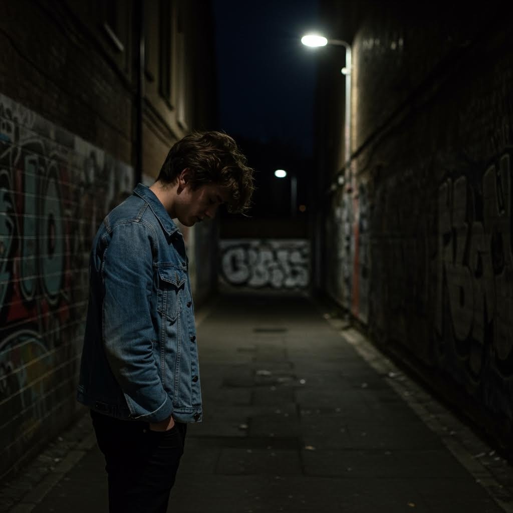 도시 골목에서 고독한 청년 - 밤거리 그래피티 벽 사이에 서 있는 남성, 도박 중독으로 인한 고립감과 우울감을 표현한 이미지