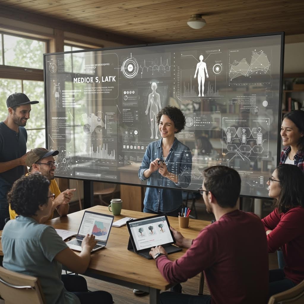 온카스터디 의료 데이터 분석 프레젠테이션: 팀원들이 홀로그램 인체 모델과 차트를 공유 중.