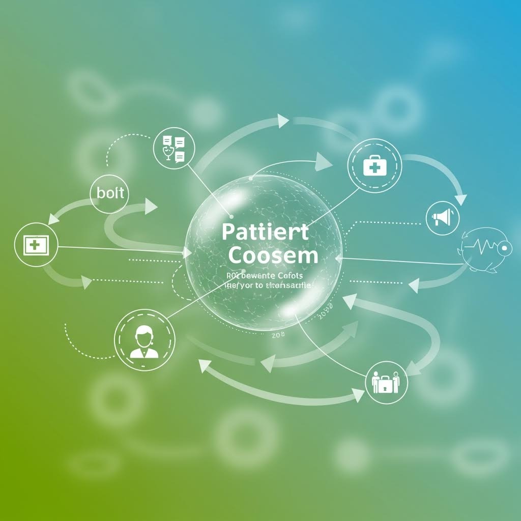 녹색 그라데이션 배경에 'Patient Consent' 구체를 중심으로 병원·의사·심박·알림 아이콘이 순환 연결된 환자 동의 시스템 다이어그램.