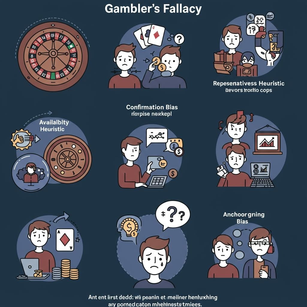 도박사의 오류 인포그래픽 - 룰렛, 확증 편향, 가용성 휴리스틱, 앵커링 편향 등 도박 심리학 개념 일러스트 모음
