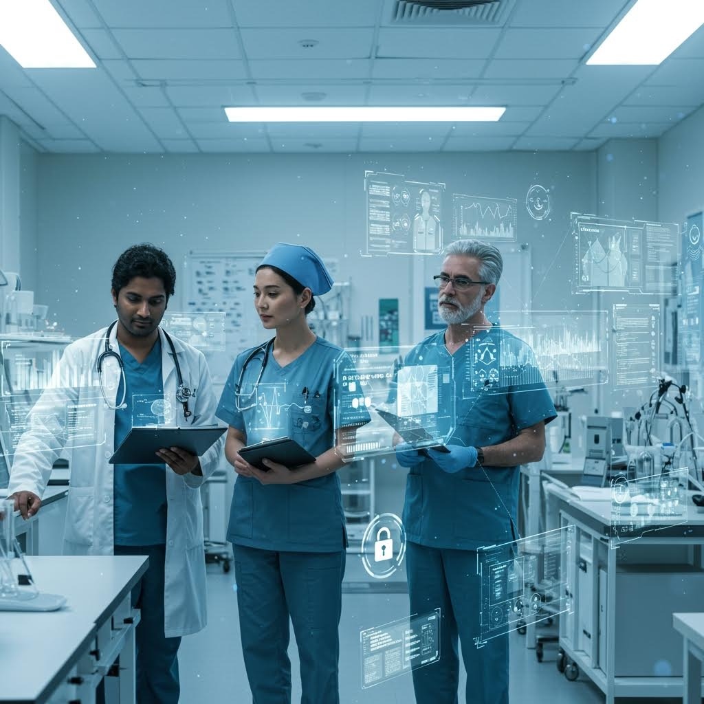 현대 병원에서 세 명의 의사가 홀로그램 대시보드와 심전도·잠금 아이콘을 보며 환자 데이터를 확인하는 미래 의료 장면.