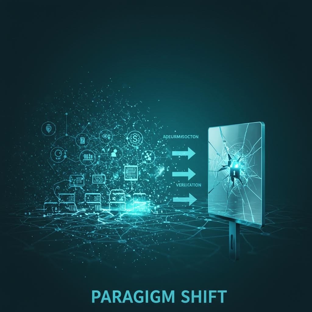 온카스터디 패러다임 전환: 디지털 네트워크가 인증 벽을 뚫고 새로운 검증 흐름으로 나아가는 시각화.