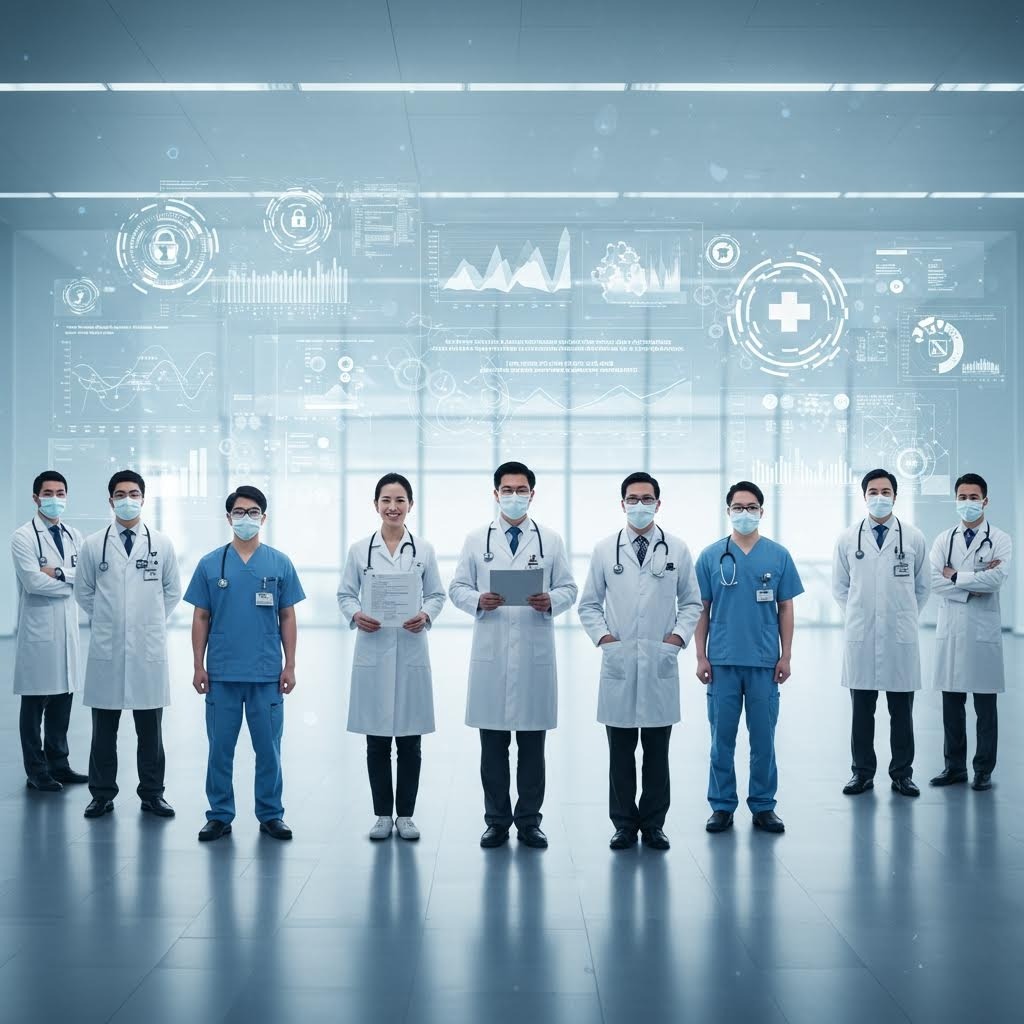 마스크 쓴 9명의 의료진이 일렬로 서 있고, 뒤에 투명한 의료 데이터 차트와 잠금·분석 그래프가 떠 있는 스마트 병원 이미지.