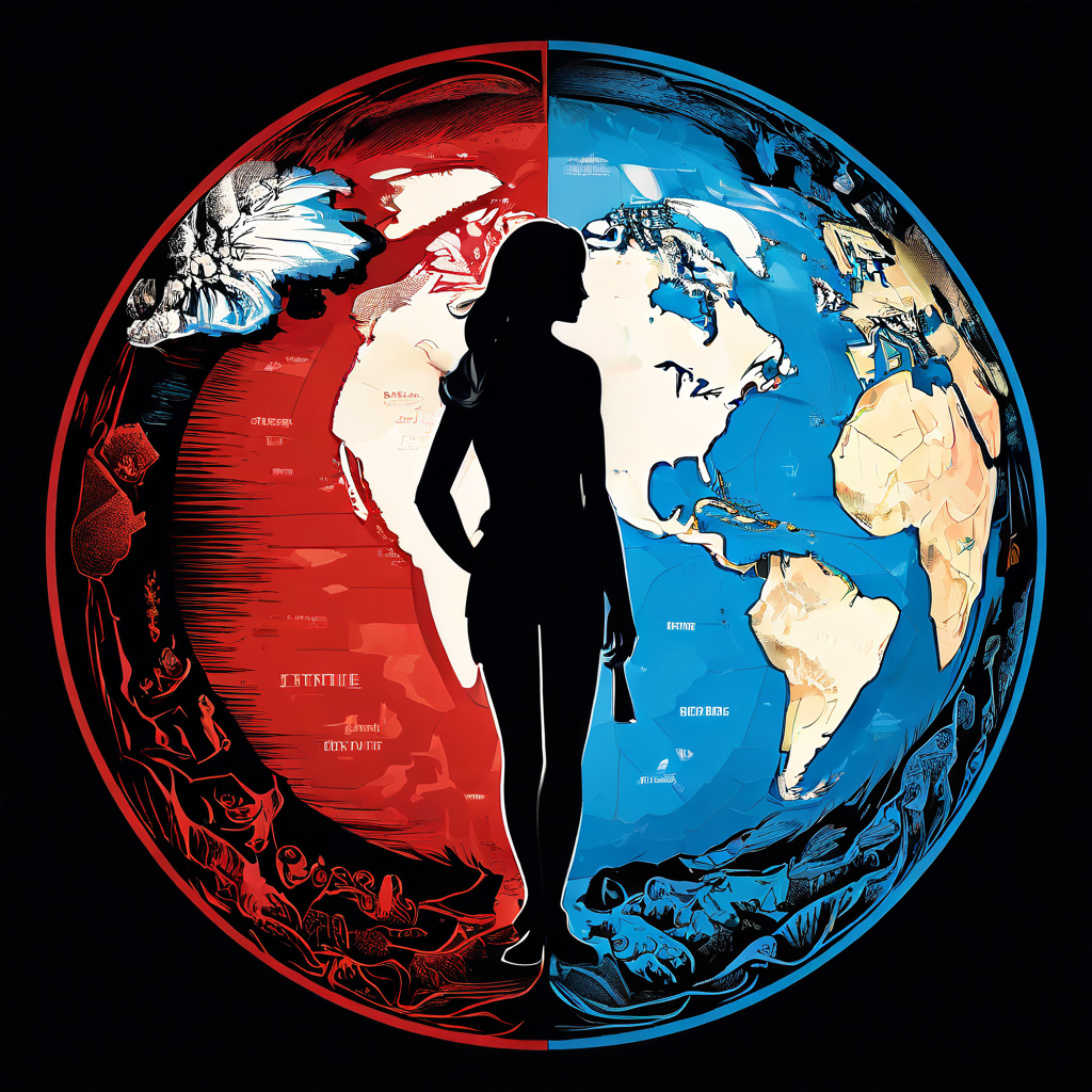 지구본이 반으로 갈라져 한쪽엔 국기를 든 사람 실루엣이, 다른 쪽엔 지도 안에 사람이 들어 있는 모습이다.