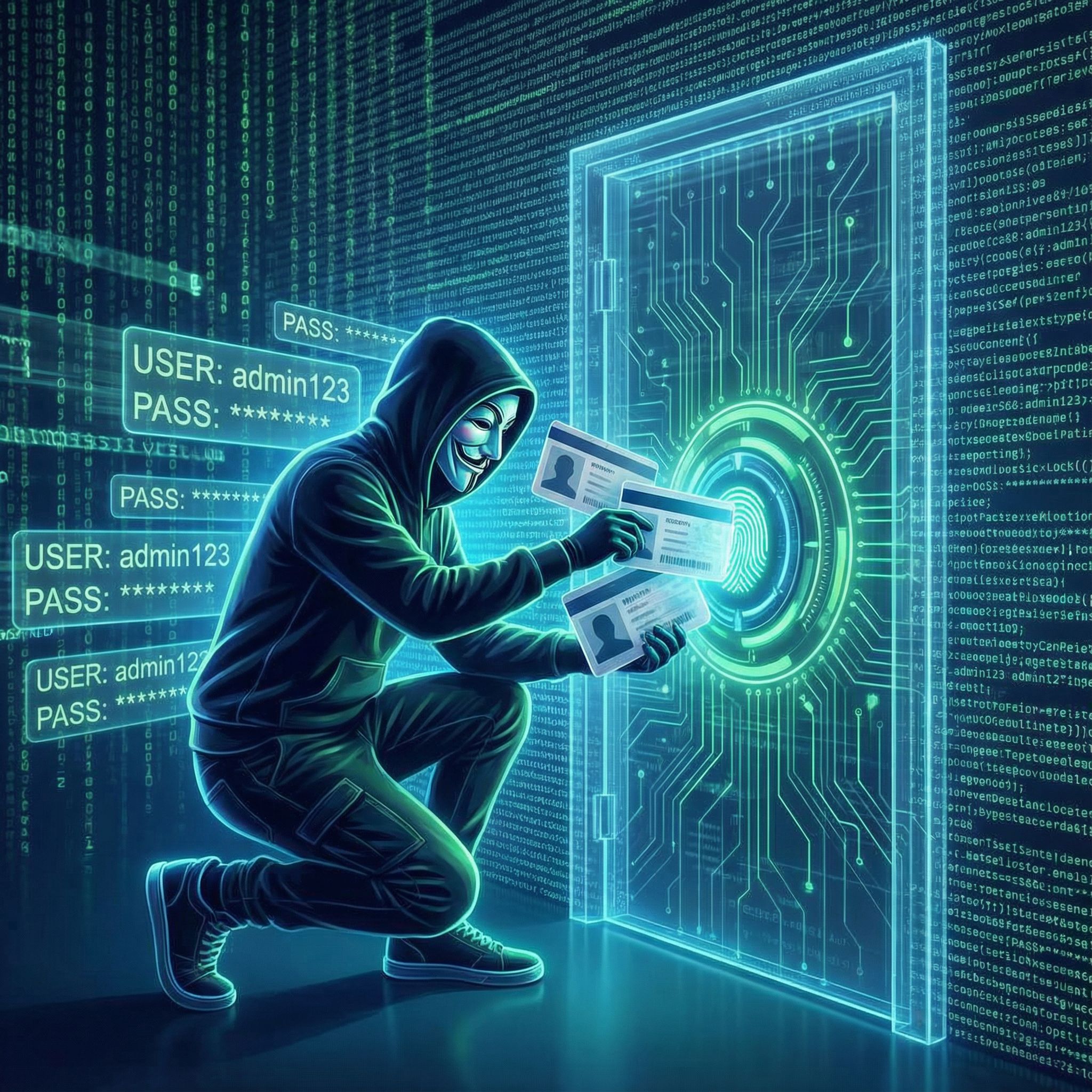 푸른색 디지털 자물쇠에 도둑이 훔친 신분증과 비밀번호 종이를 우겨 넣는 모습이다.