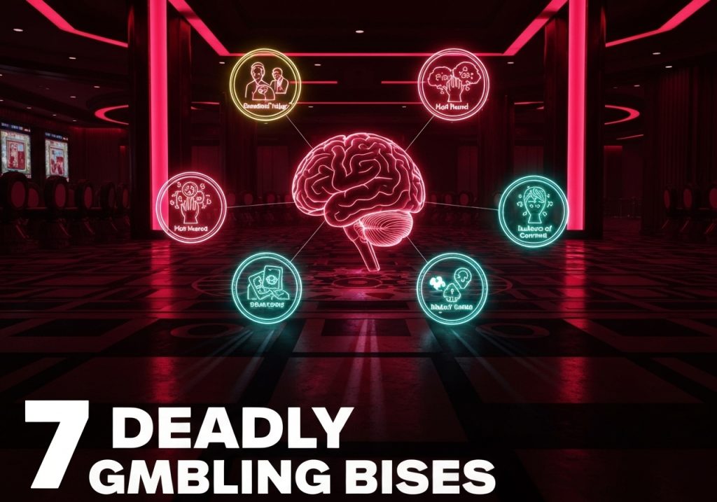 카지노 홀 배경에 빛나는 뇌 중심으로 7가지 치명적인 도박 심리 편향(Gambling Biases) 아이콘 연결된 네온 스타일 이미지, 제목 7 DEADLY GAMBLING BIASES