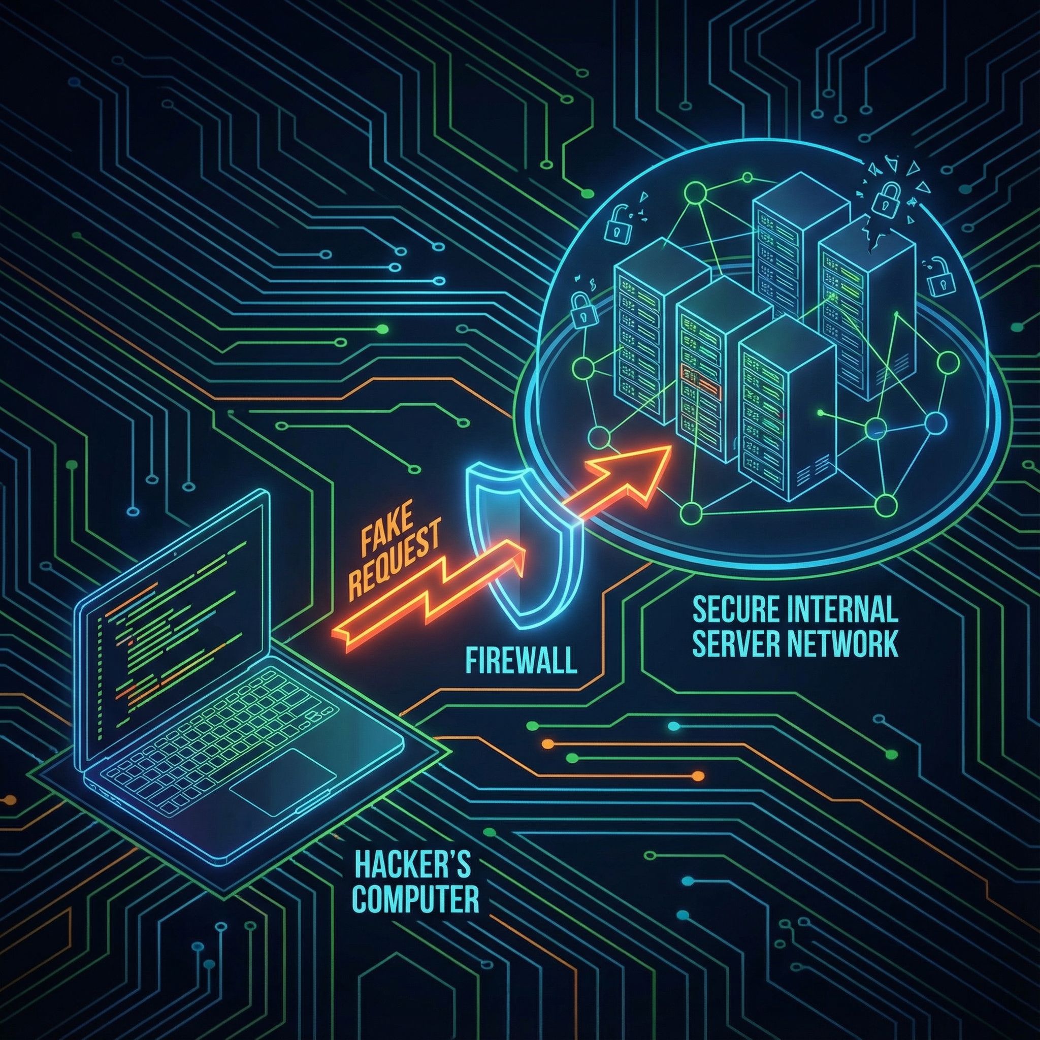 해커의 컴퓨터에서 방화벽을 우회해 내부 서버로 향하는 가짜 요청 화살표가 보이는 일러스트입니다.