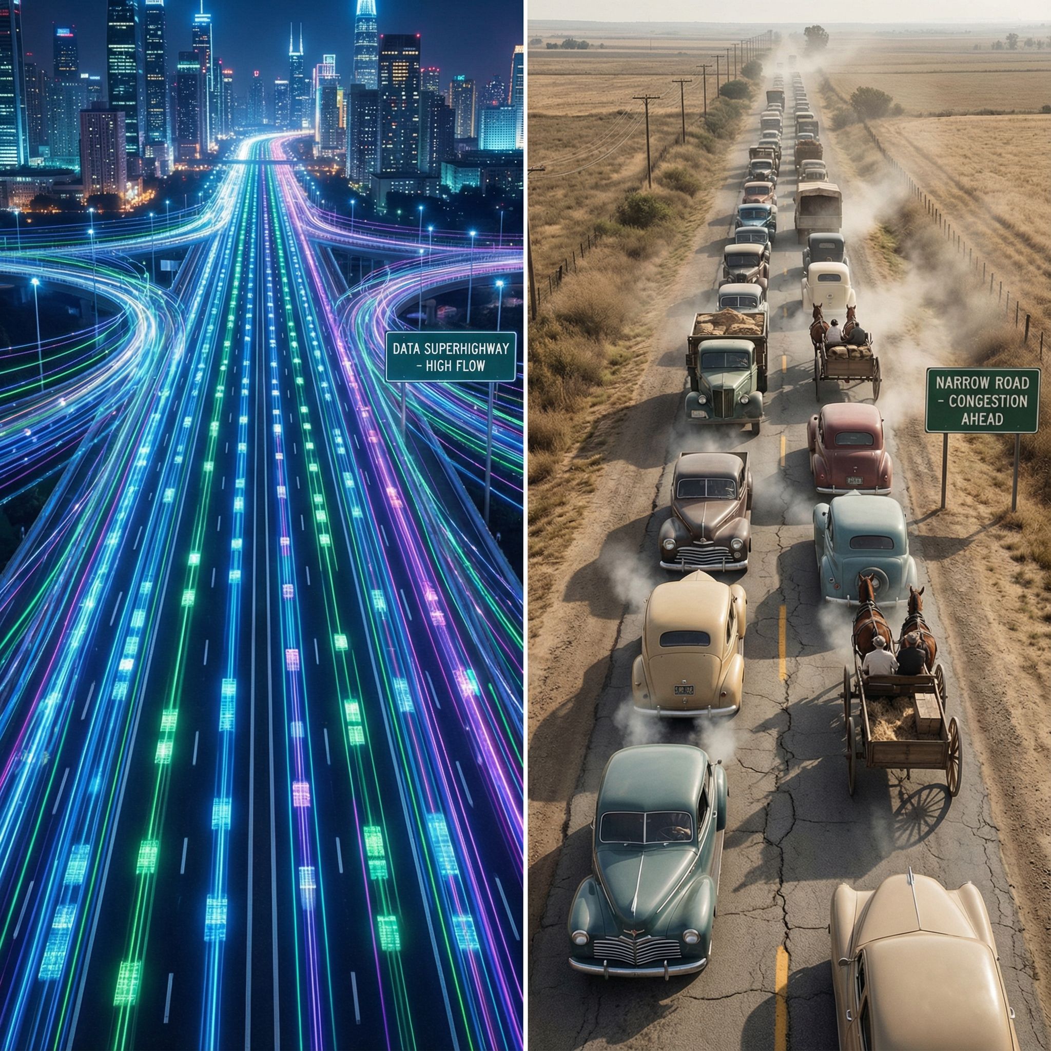 빛의 선으로 가득 찬 대도시 고속도로와 느리게 늘어선 시골 도로가 대비되며 흐름의 차이를 직관적으로 드러내는 장면.