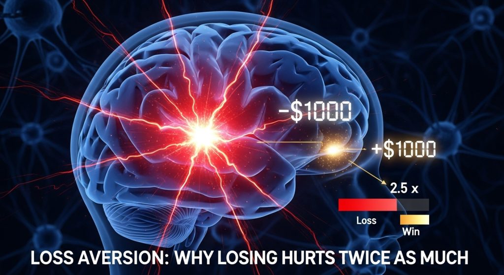 뇌 내부에서 손실 -$1000은 강렬하게 아프고 이득 +$1000은 약하게 느껴지는 손실 회피 현상 시각화, 2.5배 강도 차이 그래프 포함, LOSS AVERSION: WHY LOSING HURTS TWICE AS MUCH