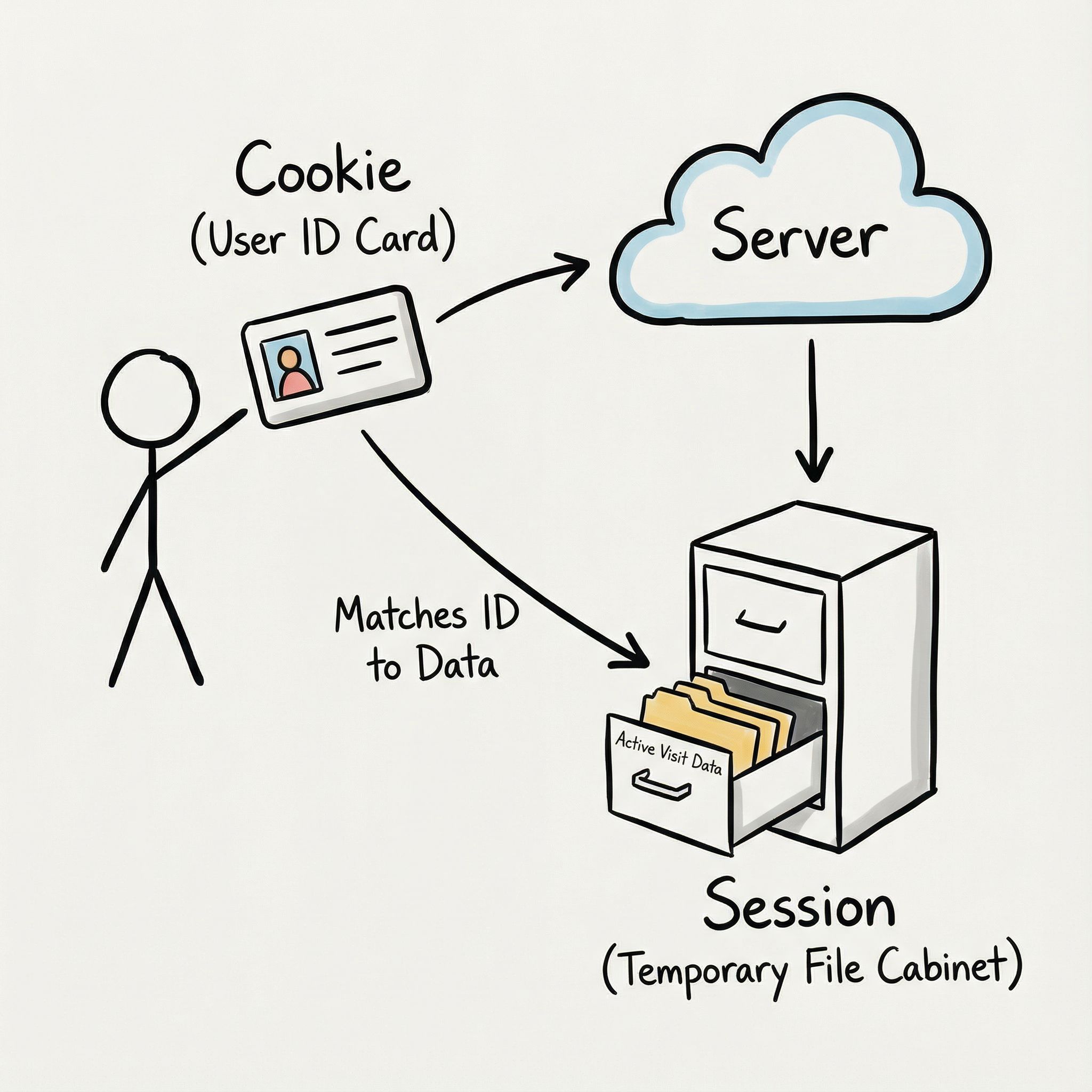 쿠키는 사용자 명함으로, 세션은 서버의 임시 파일 캐비닛으로 그려진 단순한 다이어그램이다.