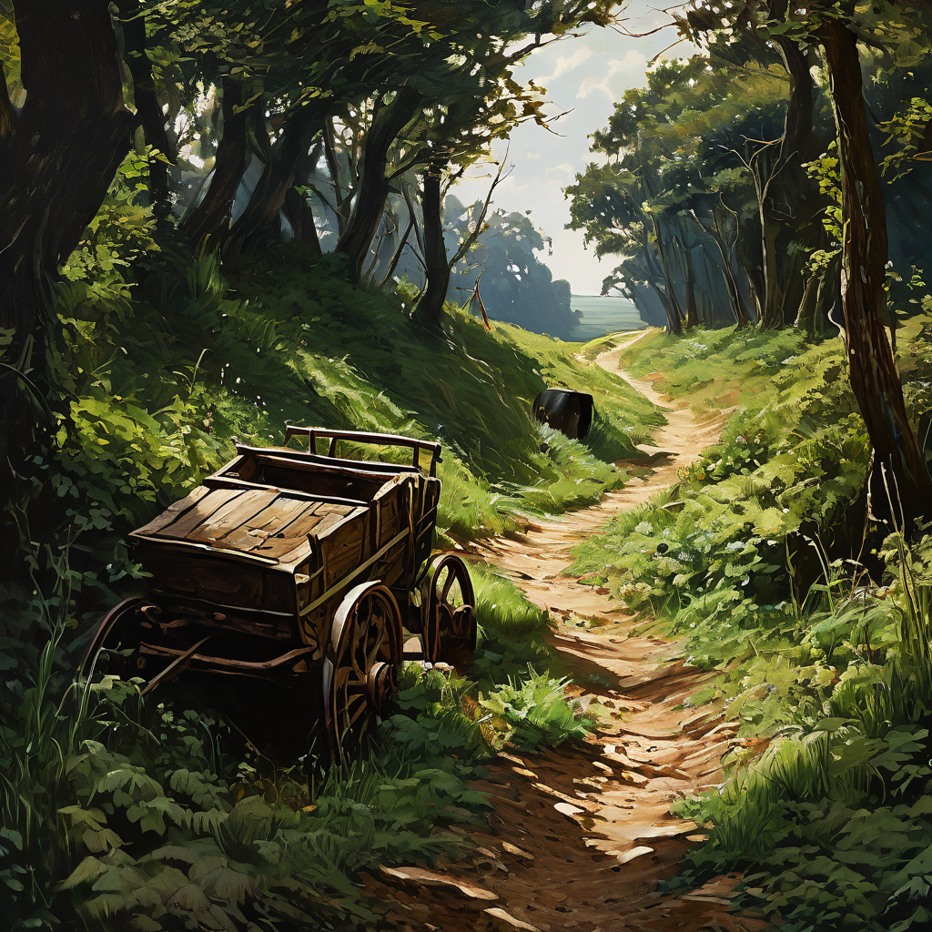 낡은 수레에서 시작해 현대 자동차까지 이어지는 깊은 차바퀴 자국과 울퉁불퉁한 흙길이 울창하게 자란 풀들에 가려진 모습이다.