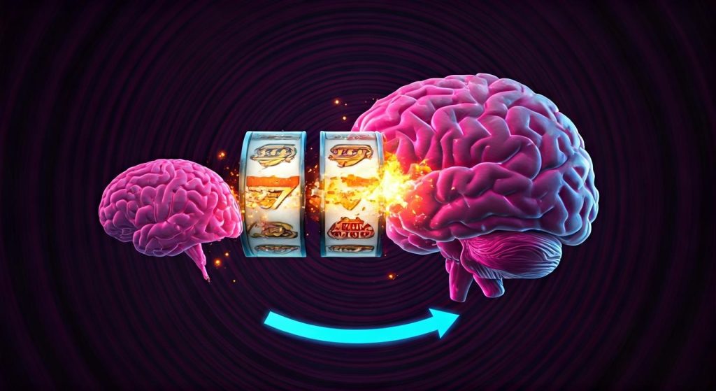 작은 뇌에서 슬롯머신을 거쳐 거대한 뇌로 폭발적으로 연결되는 중독 과정 시각화, 슬롯 심볼과 불꽃 이펙트 포함된 도박 중독 뇌 변화 일러스트