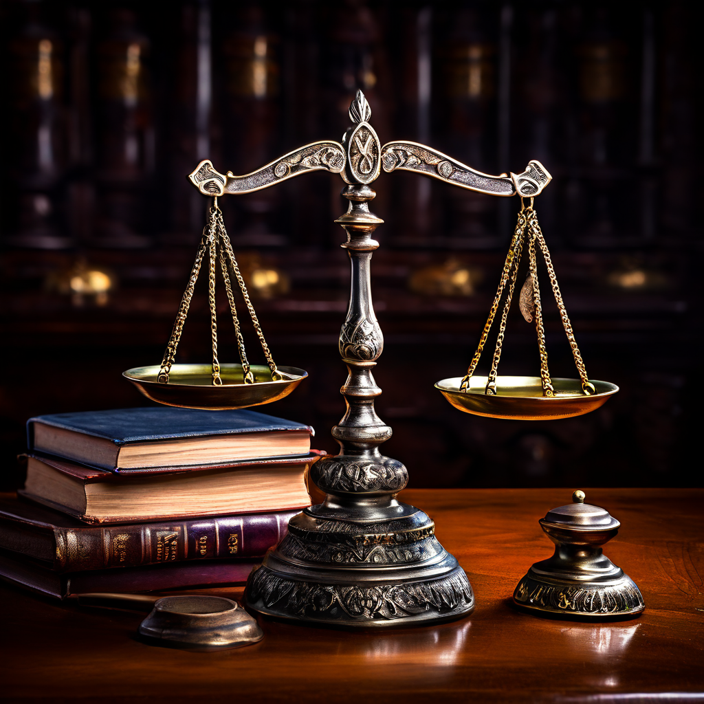 법 책과 법원 망치가 각각 올려진 저울이 법관석 위에 놓여 있는 모습이다.