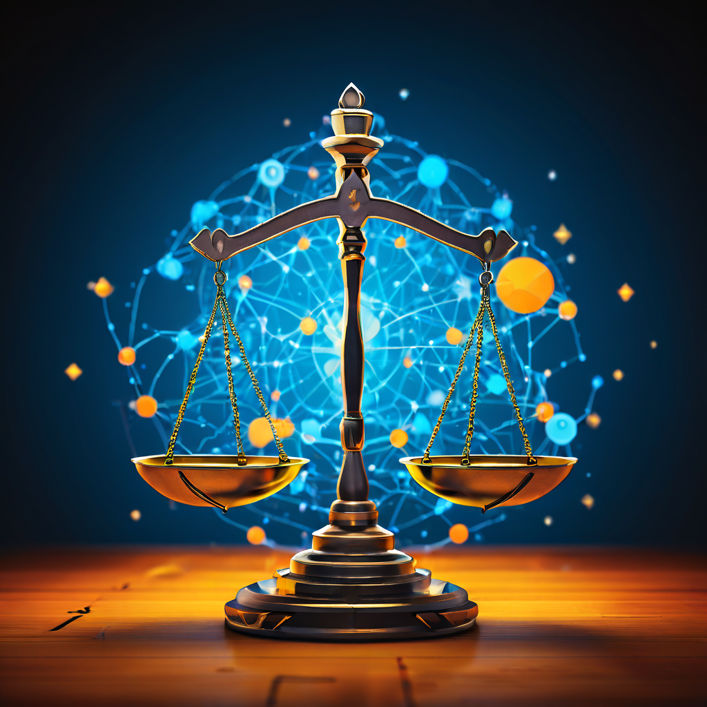 화려한 색상의 연결망과 단단한 신뢰 배지가 저울 위에서 균형을 이루며, 이어지는 선들이 무게 중심에 영향을 주는 모습이다.