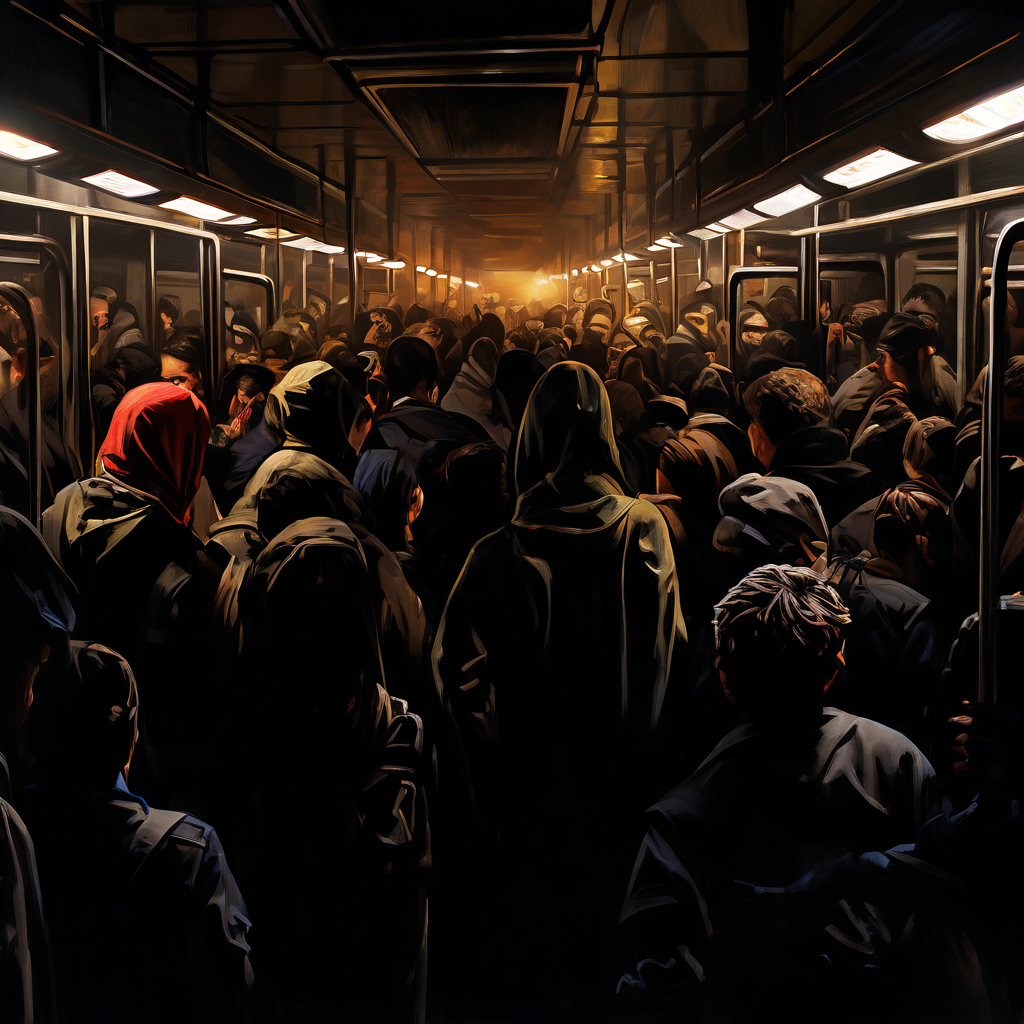 지하철 같은 붐비는 공간에서 어둡고 답답한 조명 아래 얼굴 없는 사람들의 분노가 확산되는 모습이다.
