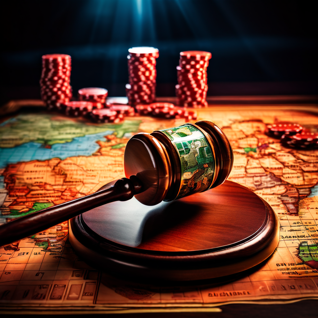 한국 법전 위에 놓인 소리개와 외국 영토를 가리키는 빛나는 세계지도 위의 지워진 카지노 칩이 표현된 이미지입니다.