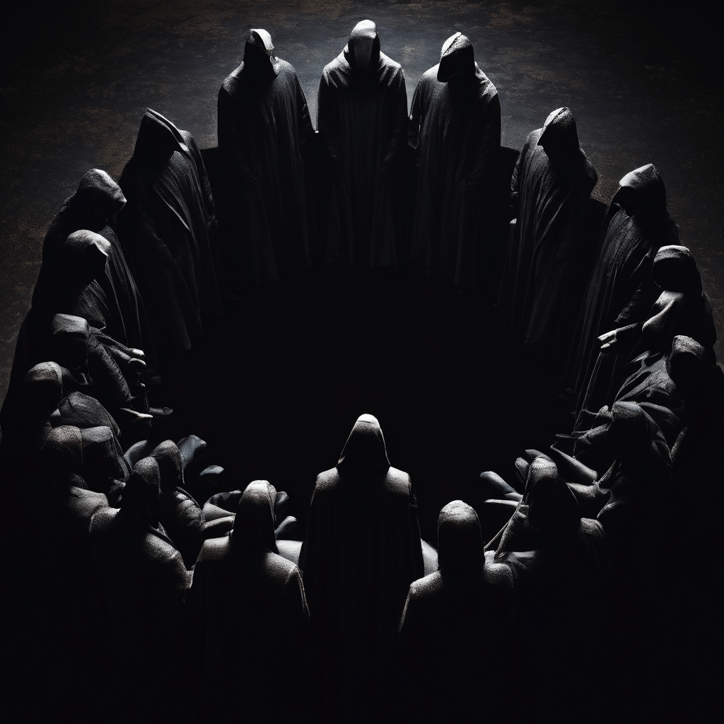 검은색의 육중한 추락체가 동그랗게 모여 선 얼굴 없는 동일한 인물들 위를 내리누르는 모습이다.