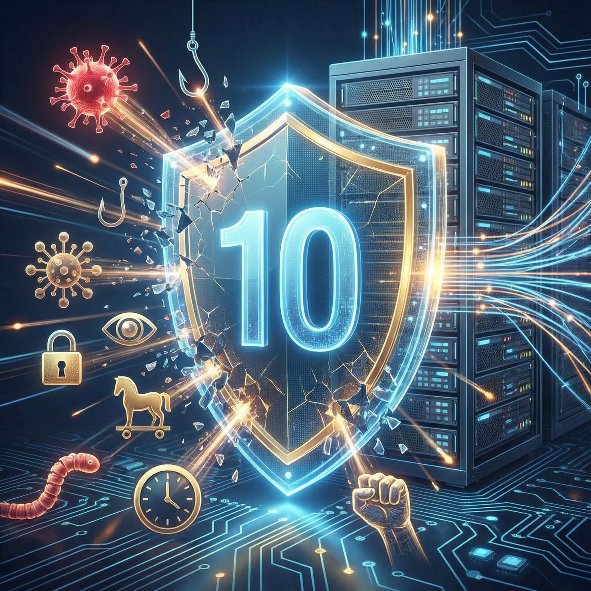 빛나는 방패 형상 앞에서 각종 위협 아이콘이 튕겨 나가며 서버 시스템을 보호하는 개념을 시각화한 장면.