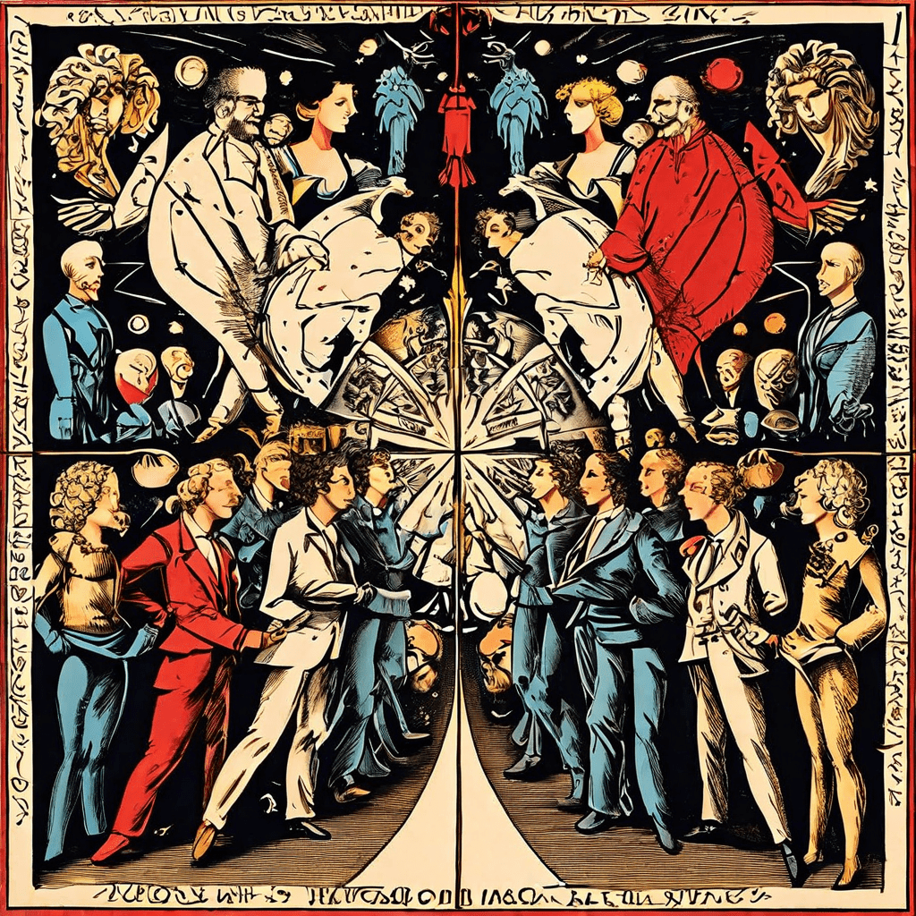 중립적인 두 무리가 가운데에서 점점 변형되어 극단적으로 대립하는 캐리커처가 되는 모습입니다.