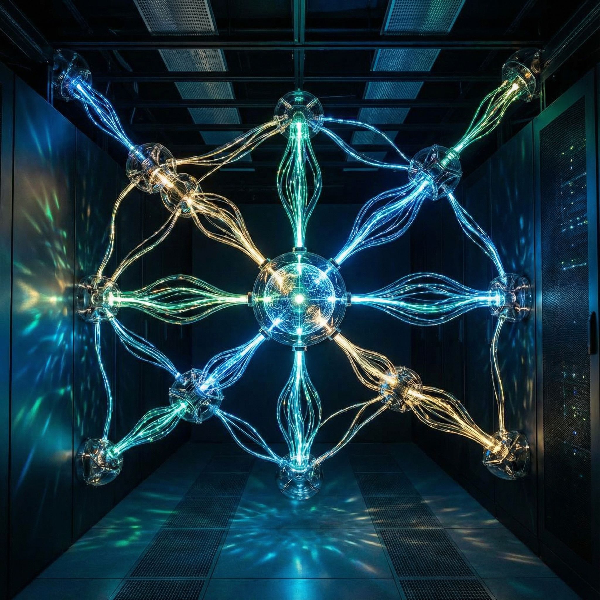 빛나는 노드들이 맥동하는 빛 줄기로 연결된 정교한 네트워크가 실시간 데이터 흐름을 상징하는 모습이다.