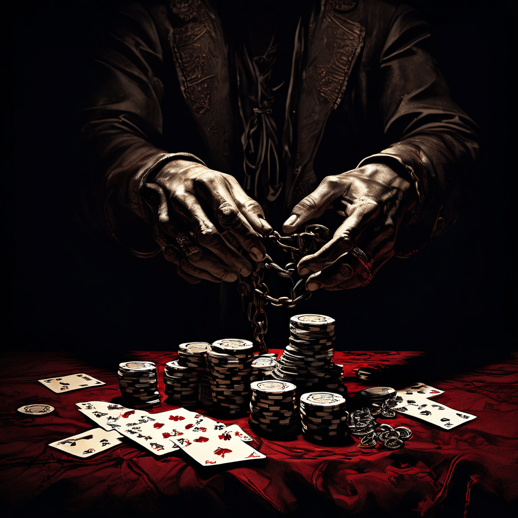 주사위와 카드가 어둠 속 손으로 변하는 가운데, 도박꾼의 손이 제물 염소에 쇠사슬로 묶여 있는 상징적 모습이다.