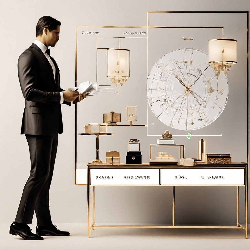 고급 매장에서 우아한 사람이 명품을 구매하는 모습 위에, 사회적 지위와 욕망의 관계를 은은하게 표현한 심리 다이어그램이 겹쳐져 있습니다.