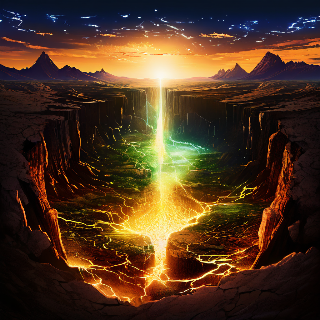 빛나는 지구를 가르는 디지털 균열이 한쪽은 데이터 흐름으로 무성하고 다른 쪽은 황량한 불모지인 모습이다.