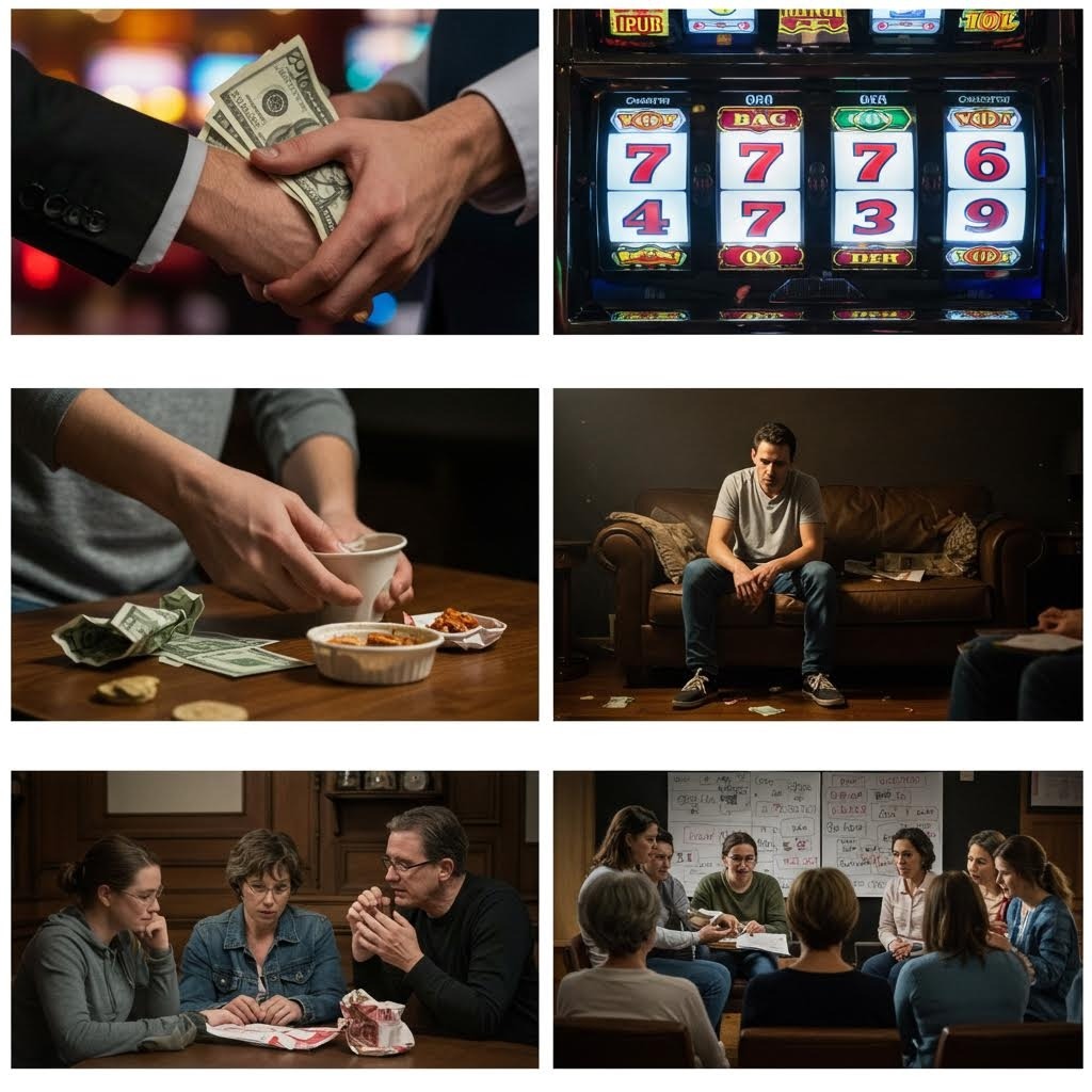 도박 중독의 영향을 보여주는 6개 장면 콜라주 - 현금을 쥔 손, 슬롯머신, 빈곤한 식사, 우울한 청년, 가족 상담 및 지원 그룹 미팅