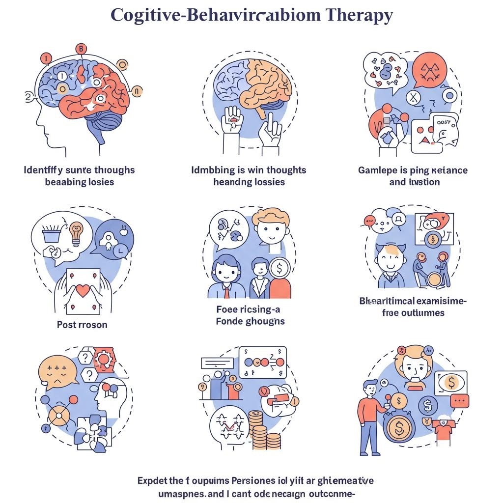 도박 중독 치료를 위한 인지행동치료(CBT)의 9가지 핵심 요소를 설명하는 인포그래픽