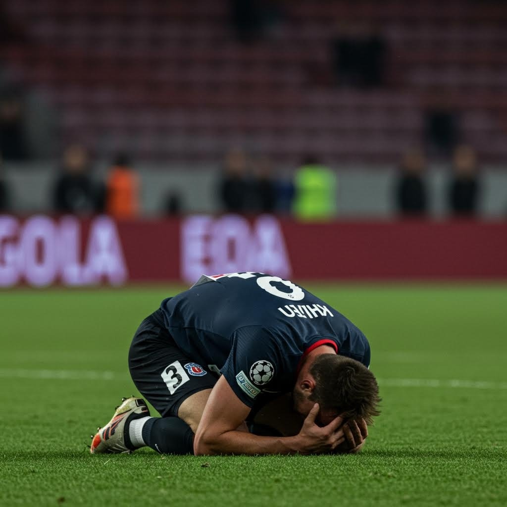 경기장 잔디 위에서 좌절감에 무릎을 꿇고 고개를 숙인 축구 선수