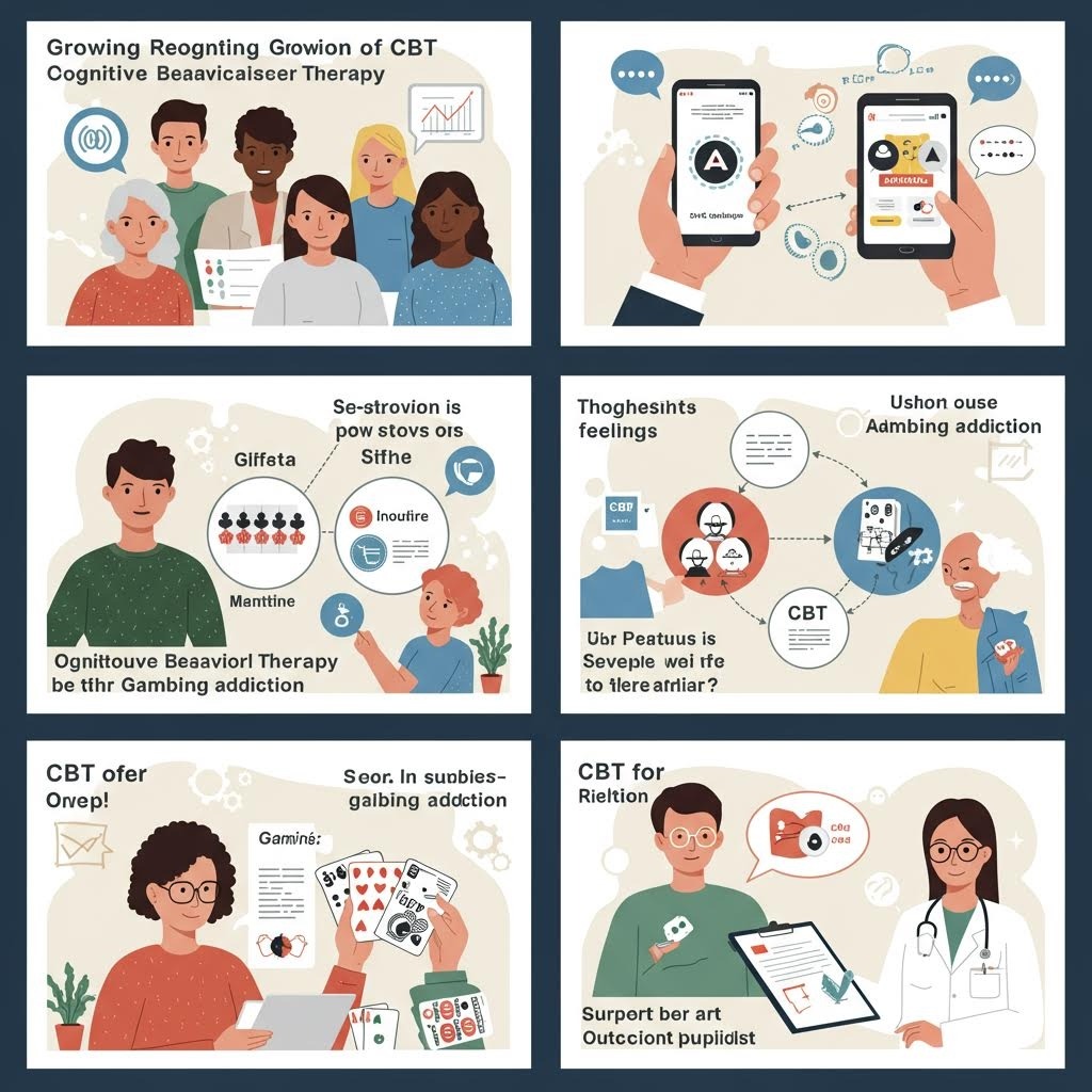 도박 중독에 대한 인지행동치료(CBT)의 성장과 디지털 접근성을 보여주는 6개 패널 인포그래픽