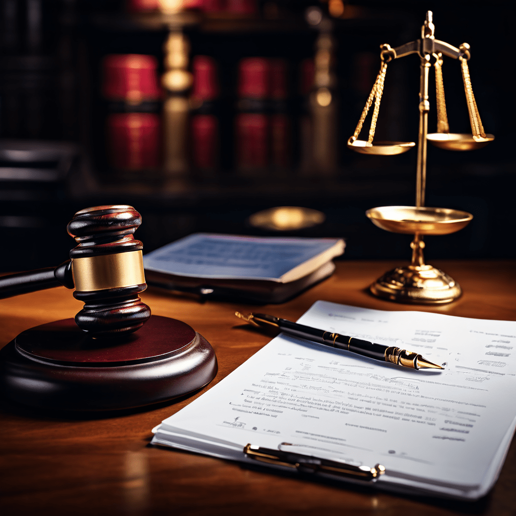 법정의 소품인 법봉과 저울 위에 디지털 증거 스크린샷이 첨부된 법률 문서가 놓여 있습니다.