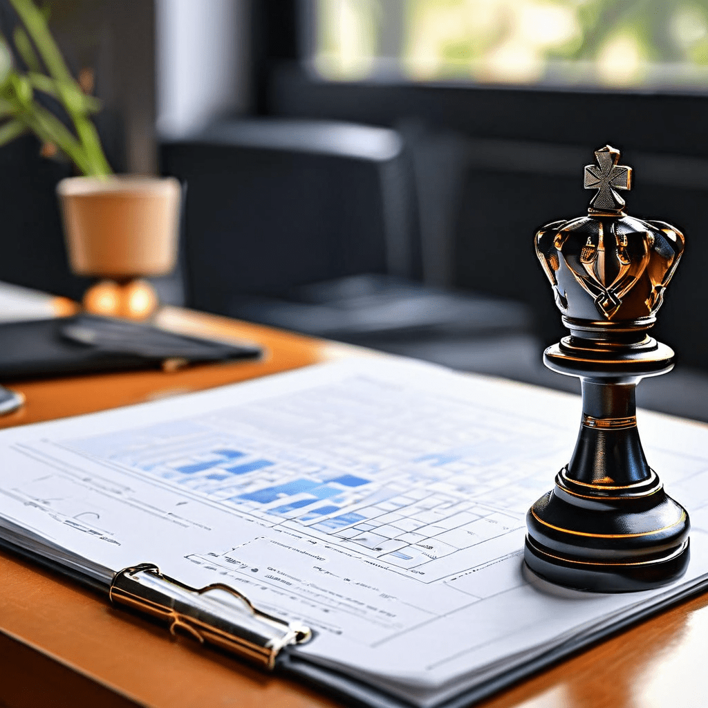 콘텐츠 전략 문서 위에 방패 아이콘이 놓인 체스 말이 현대적인 오피스 데스크에 배치되어 콘텐츠 보안과 전략적 계획의 중요성을 상징적으로 표현합니다.