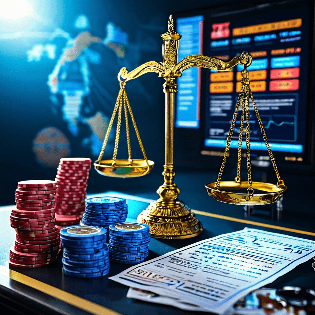 저울 위에 오른 게임 시장 그래프와 규제 아이콘이 대비된 게임산업진흥법 문서가 놓여 있습니다.