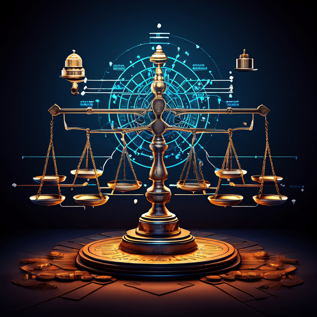 회색 조직도 위에 검은 법의 저울과 소리가 놓여 도박 사이트의 체계적 운영과 법적 분쟁을 상징하는 모습이다.