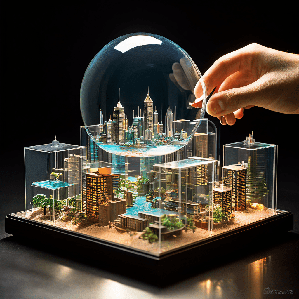 투명 유리 모래상자 속 미니어처 마천루가 놓여 있고, 확대경 아래에서 '혁신'이라 적힌 작은 블록을 손이 넣고 있는 모습이다.