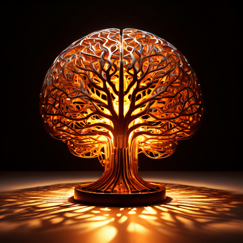 빛나는 뇌 형태의 신경망이 복잡한 연결 구조를 형성하며 표면에 선명한 빛과 깊은 그림자를 동시에 드리우고 있는 개념적 이미지입니다.