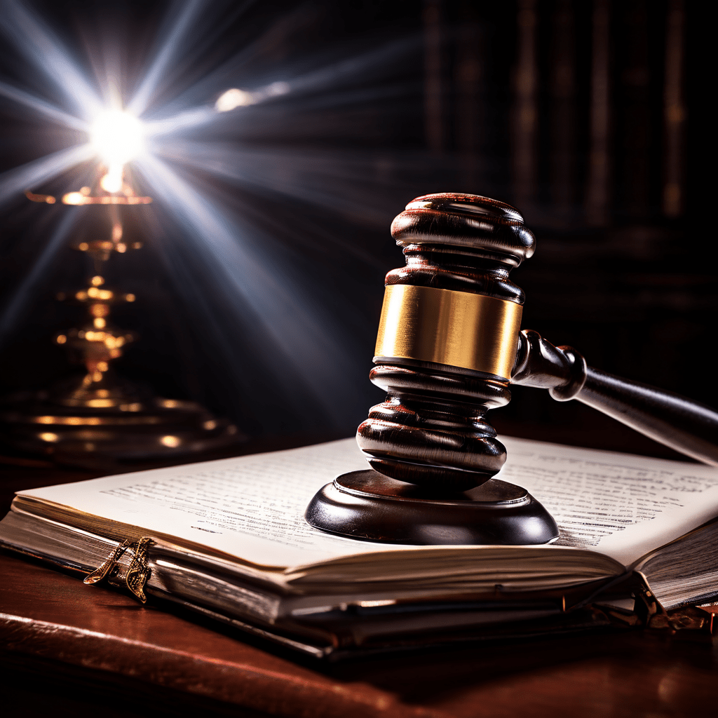 법정 문서 더미 위에 놓인 법봉과 단일 조명을 받으며 빛나는 핵심 증거 페이지가 강조된 모습이다.