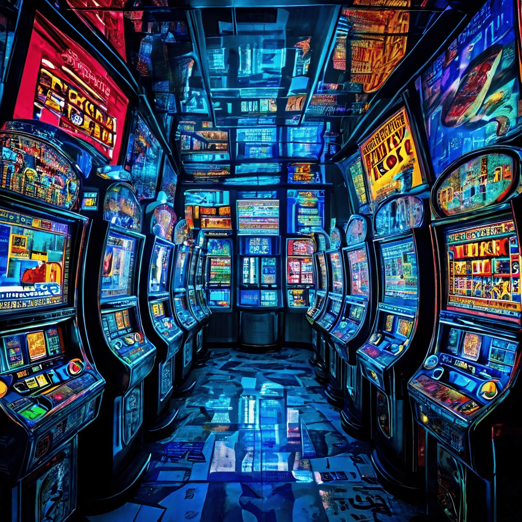 선정적인 신문 헤드라인이 도박 기계와 포커 칩으로 변형되어 빛나는 텔레비전 화면 벽에 방송되는 초현실적인 콜라주 이미지입니다.