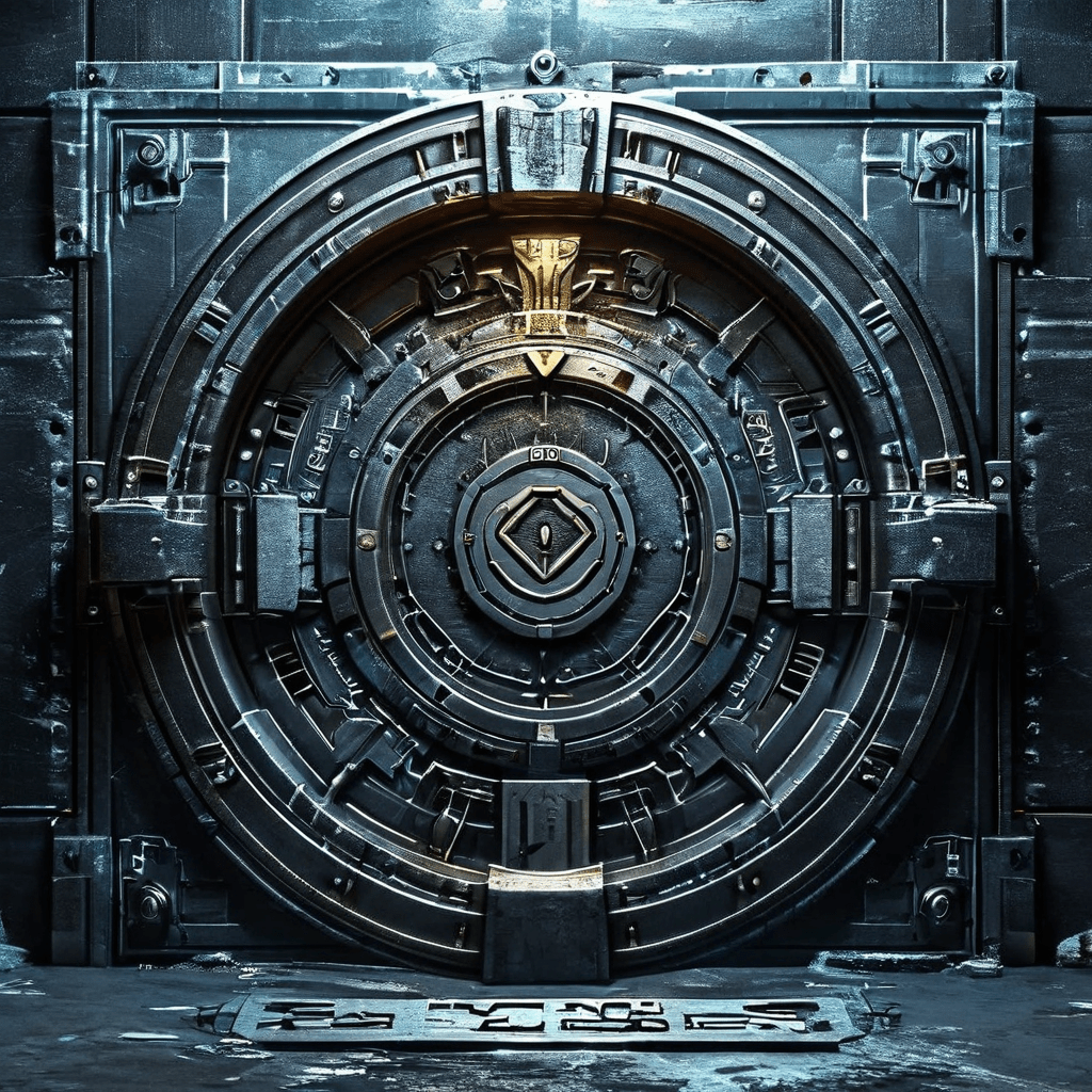 두꺼운 금고 문에 암호화폐 거래소 표시와 정부 인감이 찍혀 있으며 법적 의무 사항이 열거된 모습이다.